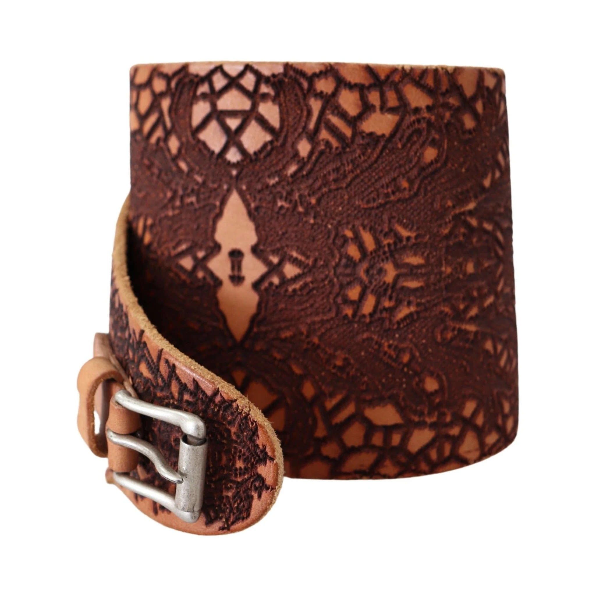 Brown Wide Leather Embroidered Design Logo Belt
