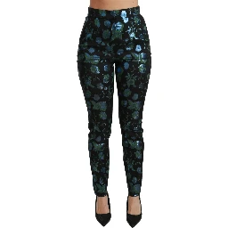 Blue Green Floral Metallic Slim Pants