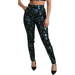 Blue Green Floral Metallic Slim Pants
