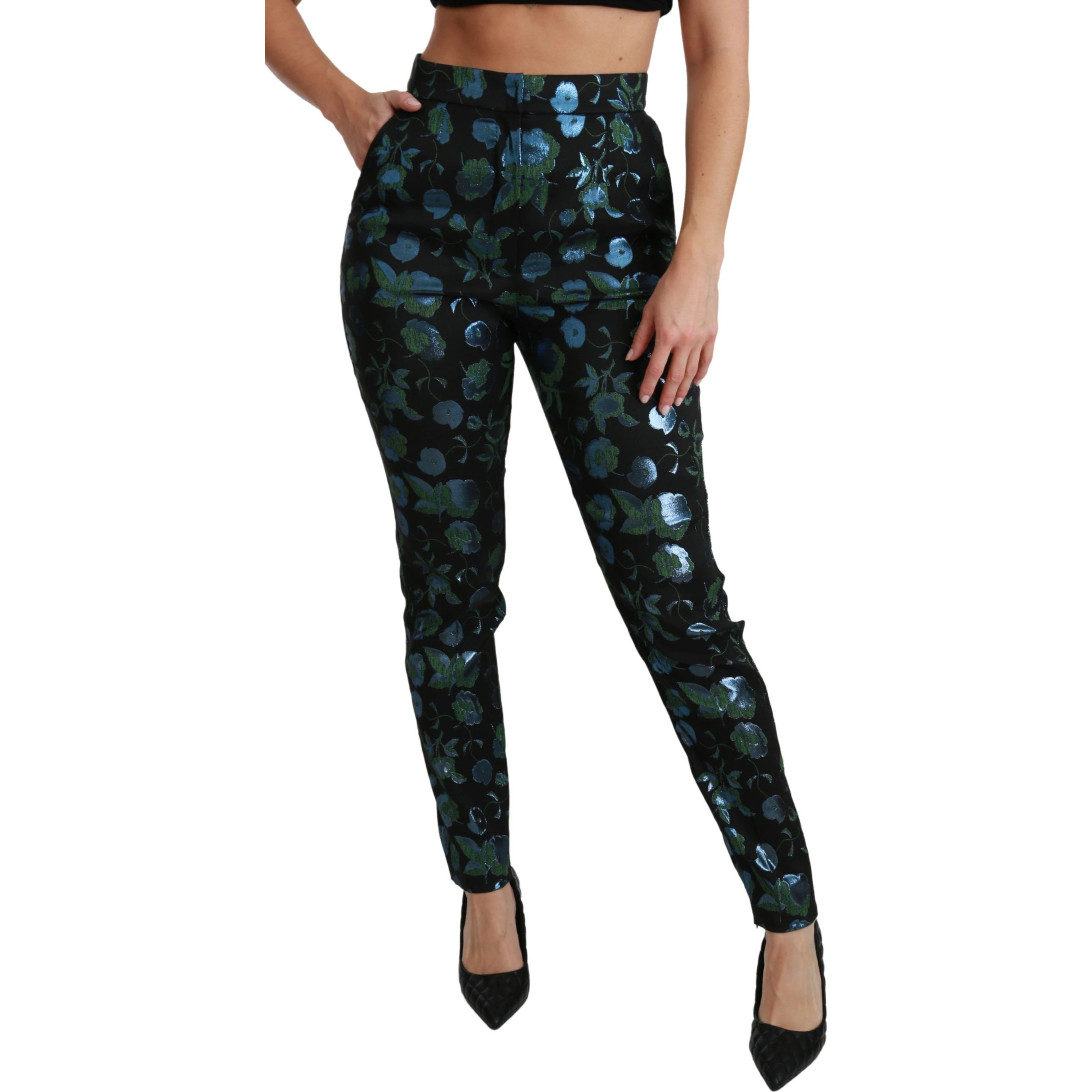 Blue Green Floral Metallic Slim Pants