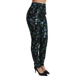 Blue Green Floral Metallic Slim Pants