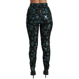 Blue Green Floral Metallic Slim Pants