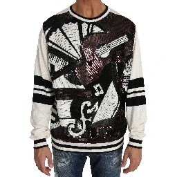 White Jazz Sequined Guitar Pullover Top Sweater