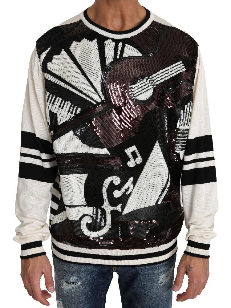 White Jazz Sequined Guitar Pullover Top Sweater