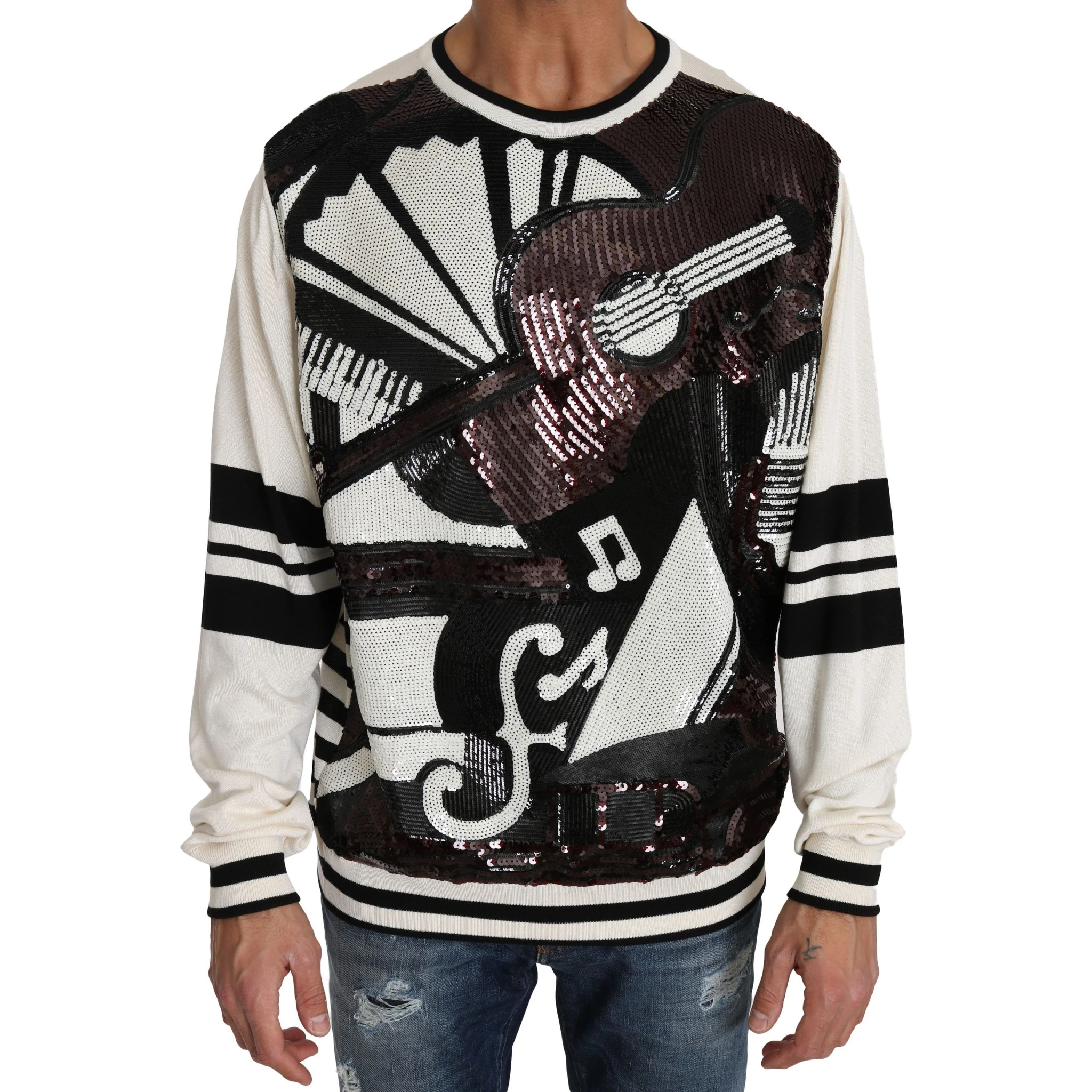 White Jazz Sequined Guitar Pullover Top Sweater