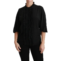 Black Silk Shirt Ruffled Top Blouse
