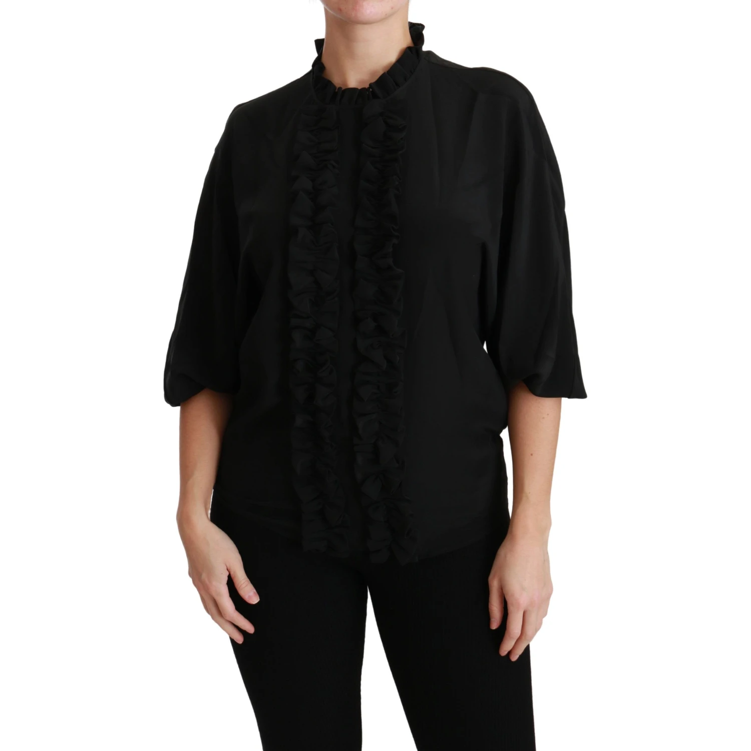 Black Silk Shirt Ruffled Top Blouse