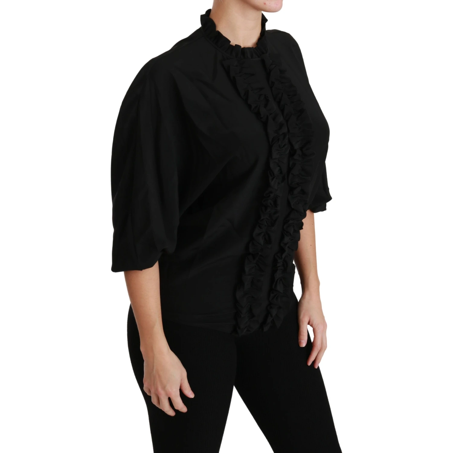 Black Silk Shirt Ruffled Top Blouse