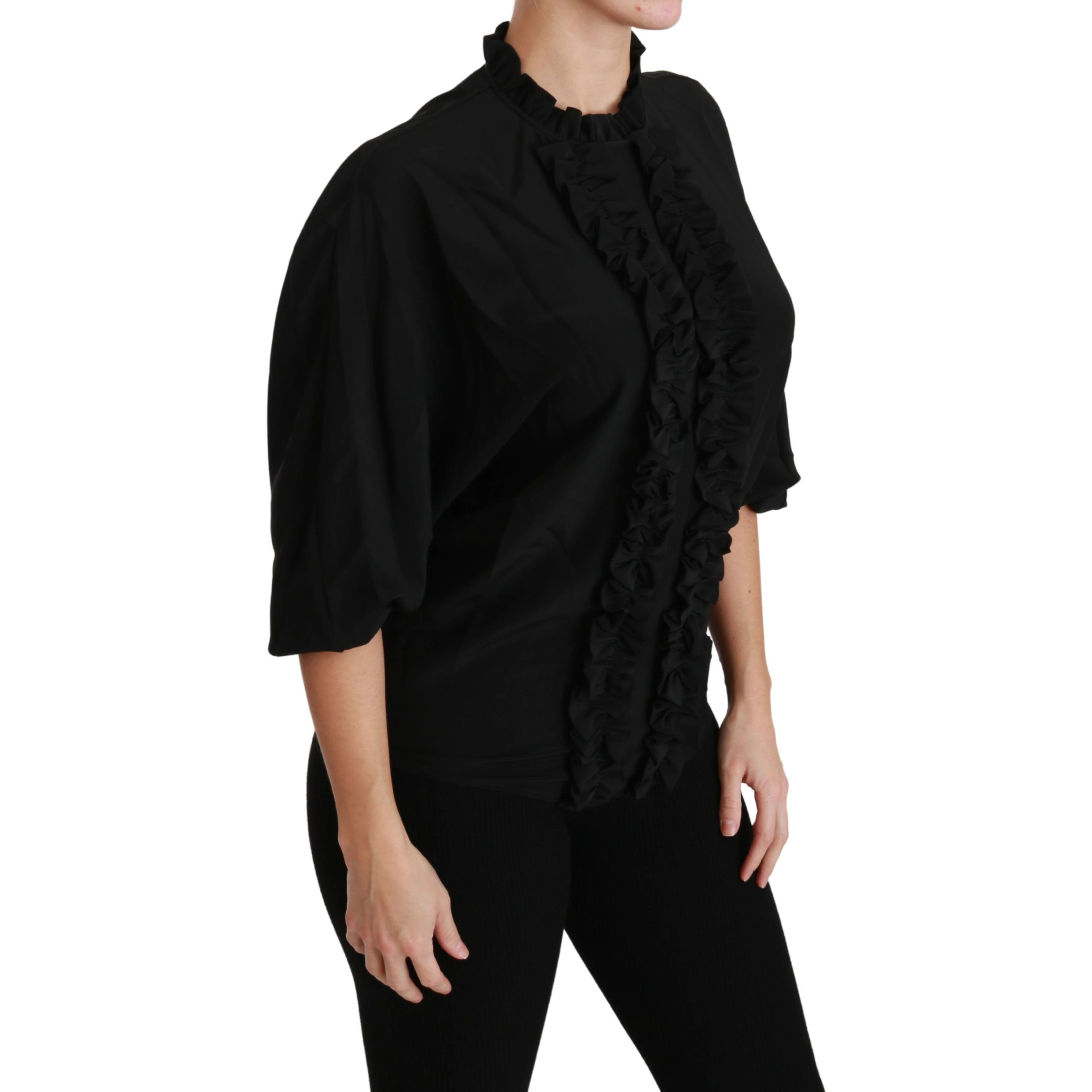 Black Silk Shirt Ruffled Top Blouse
