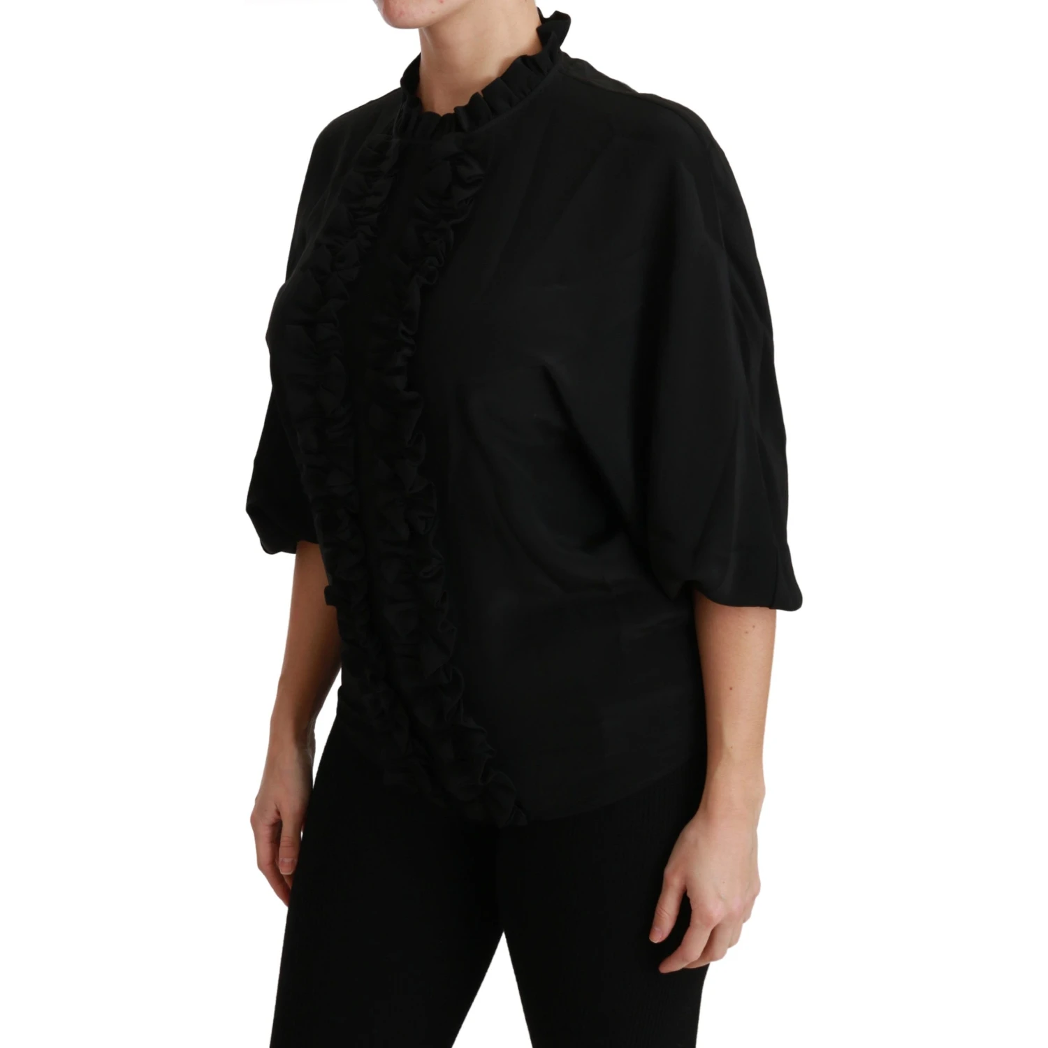 Black Silk Shirt Ruffled Top Blouse