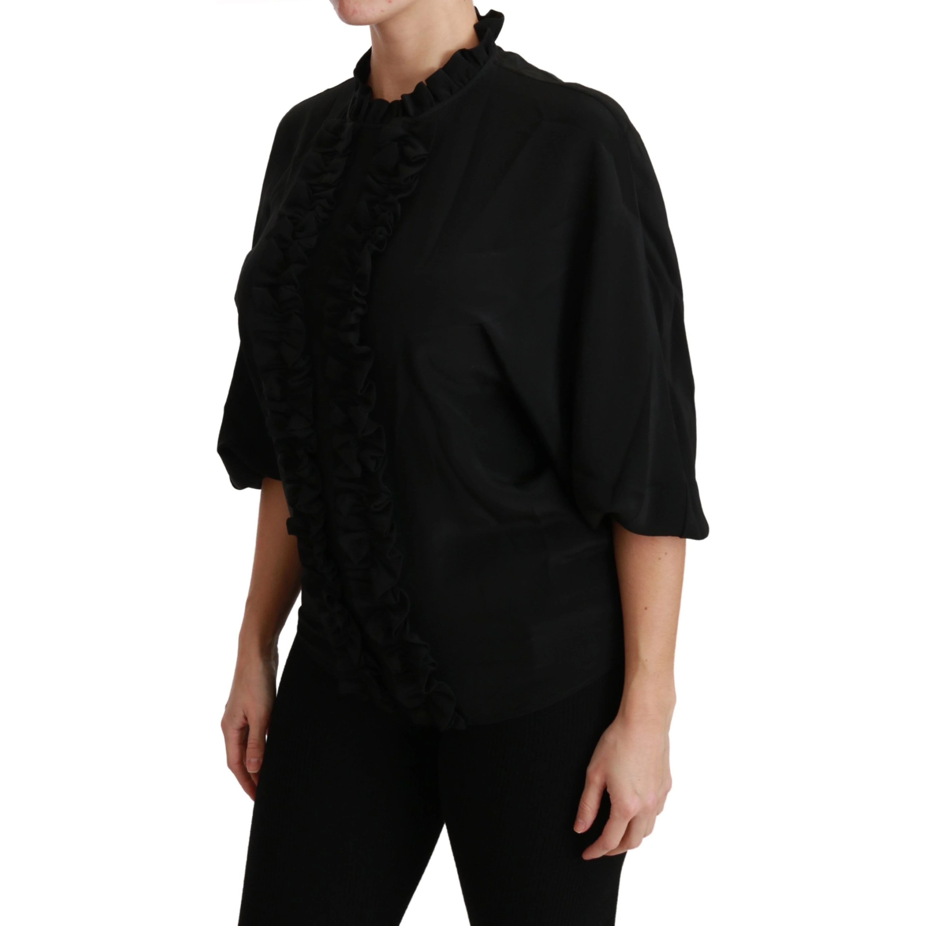 Black Silk Shirt Ruffled Top Blouse