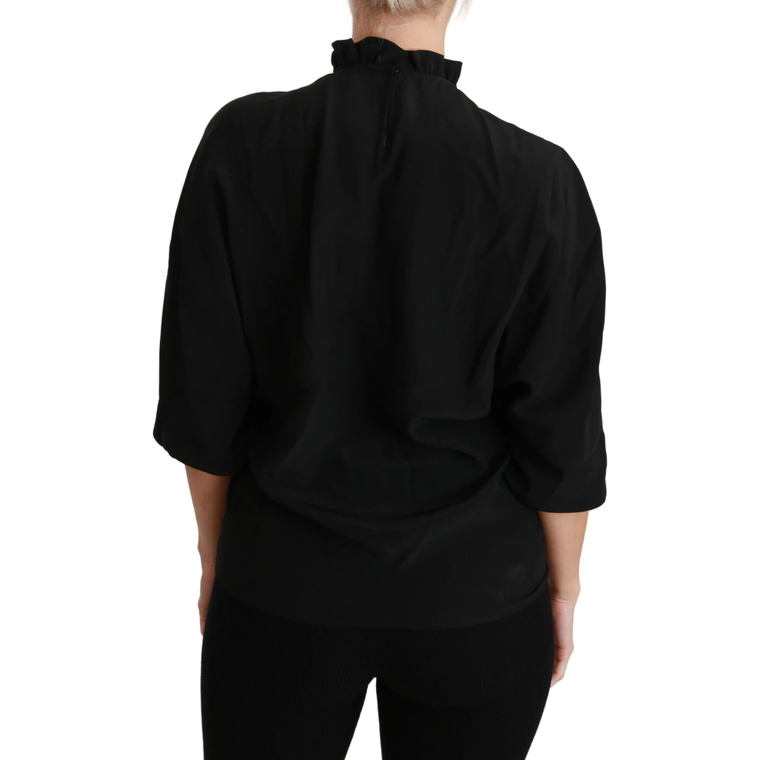 Black Silk Shirt Ruffled Top Blouse