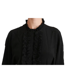 Black Silk Shirt Ruffled Top Blouse