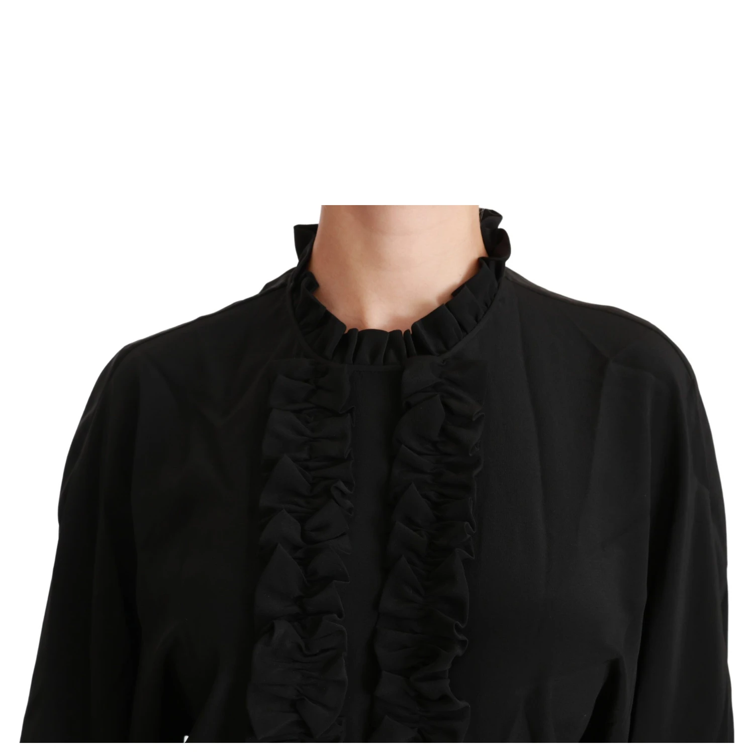 Black Silk Shirt Ruffled Top Blouse