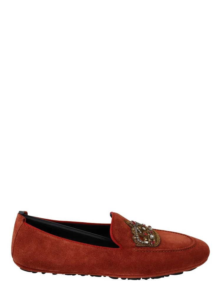 Orange Leather Crystal Crown  Loafers Shoes