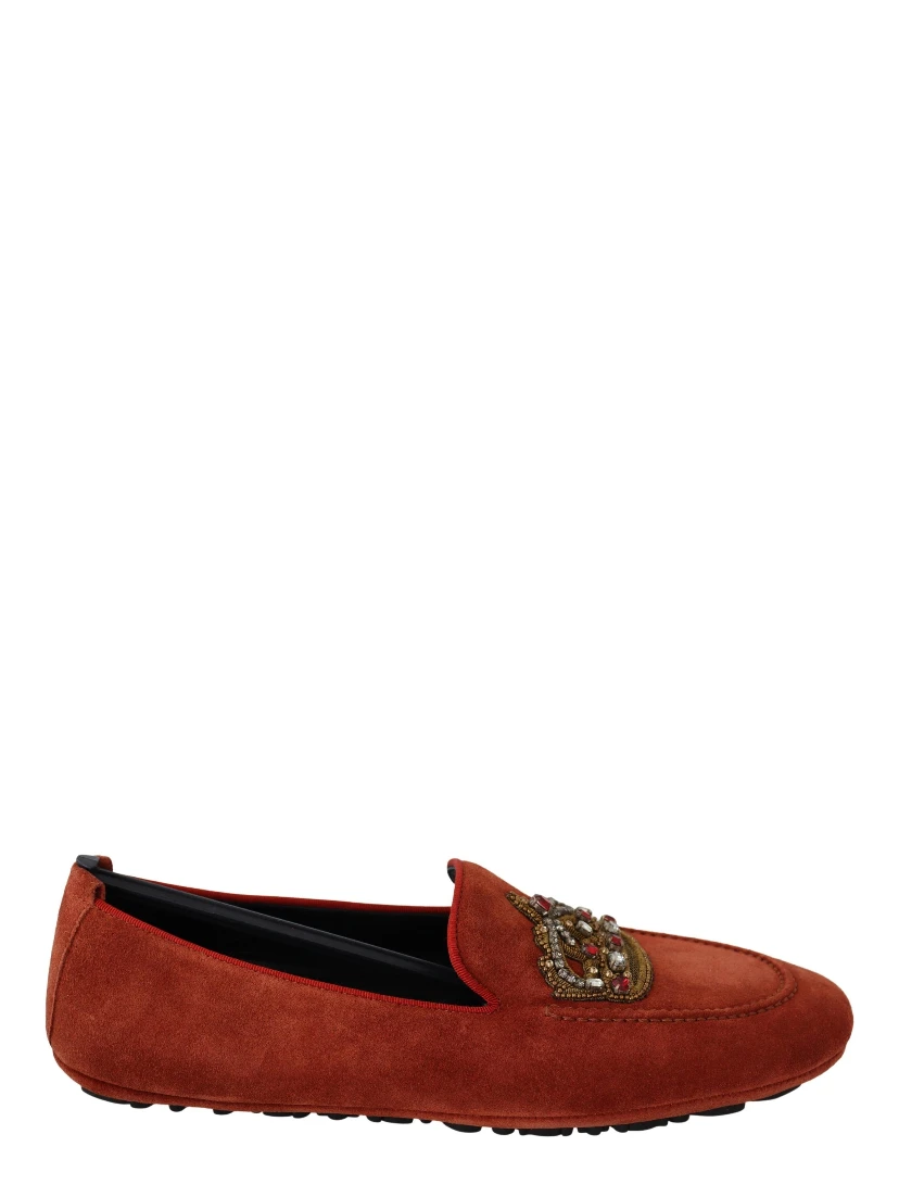 Orange Leather Crystal Crown  Loafers Shoes