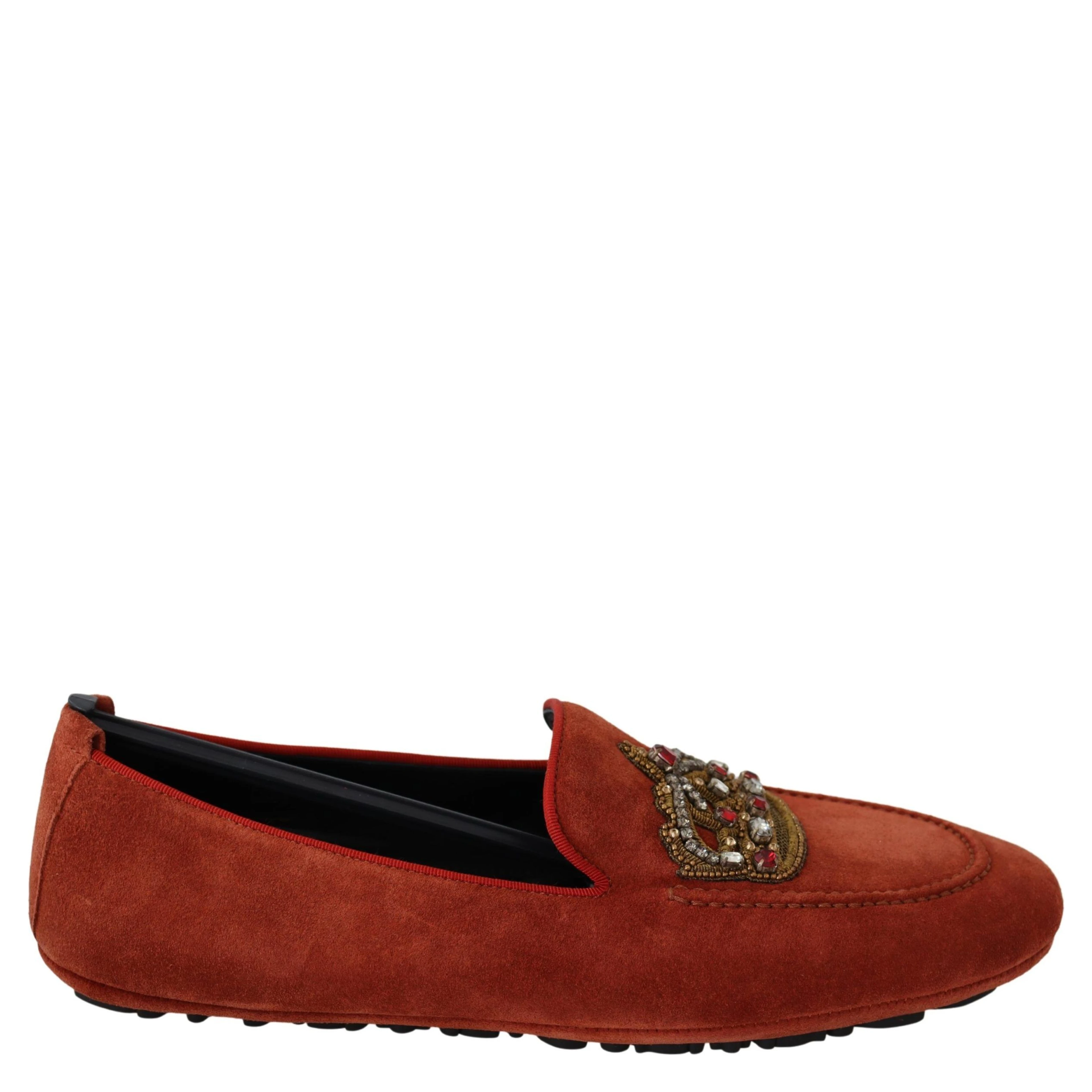 Orange Leather Crystal Crown Loafers Shoes