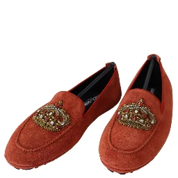 Orange Leather Crystal Crown  Loafers Shoes