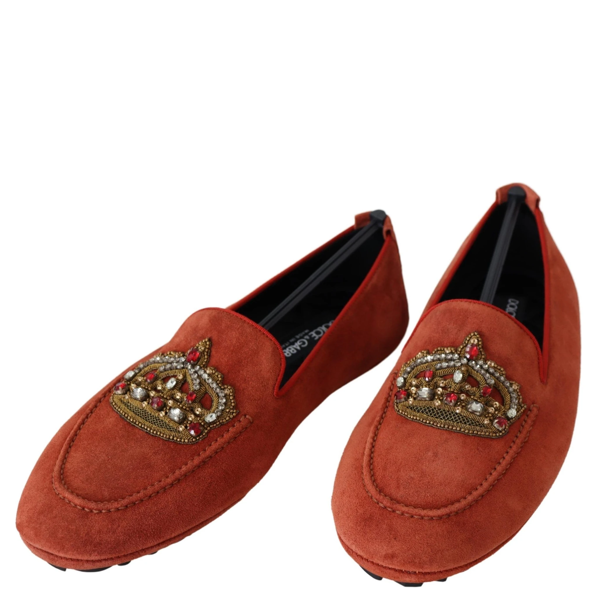 Orange Leather Crystal Crown  Loafers Shoes