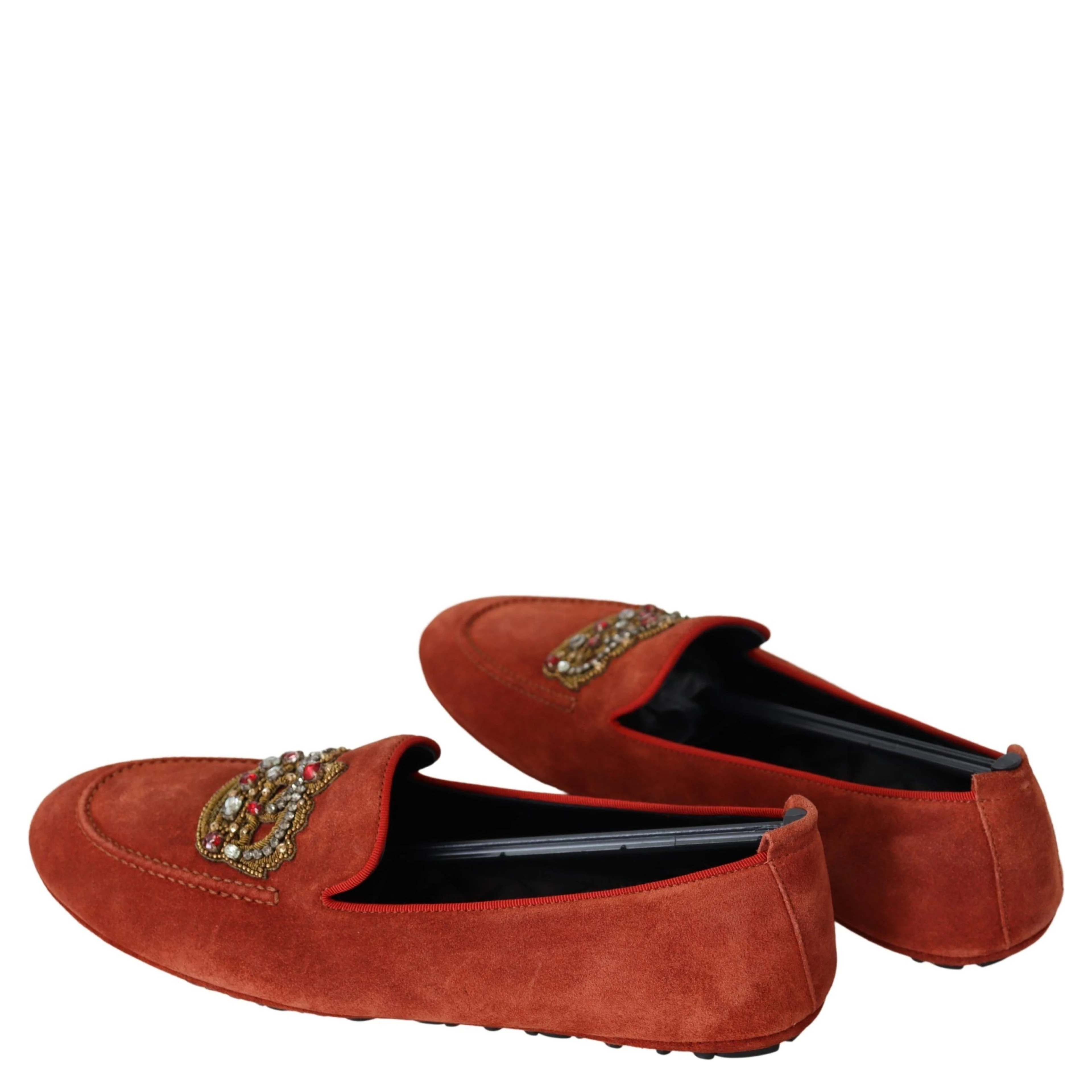 Orange Leather Crystal Crown Loafers Shoes