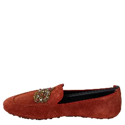 Orange Leather Crystal Crown  Loafers Shoes