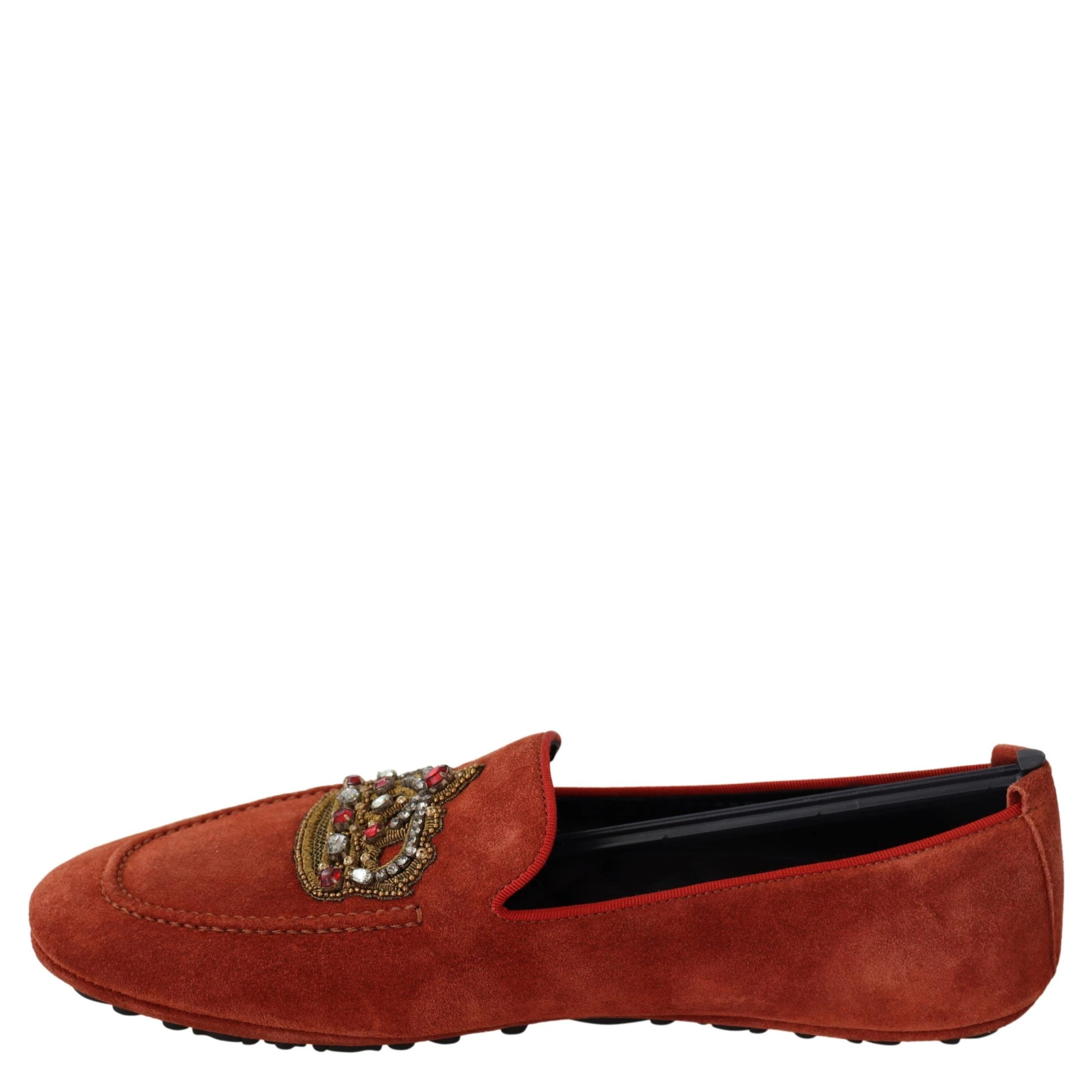 Orange Leather Crystal Crown Loafers Shoes
