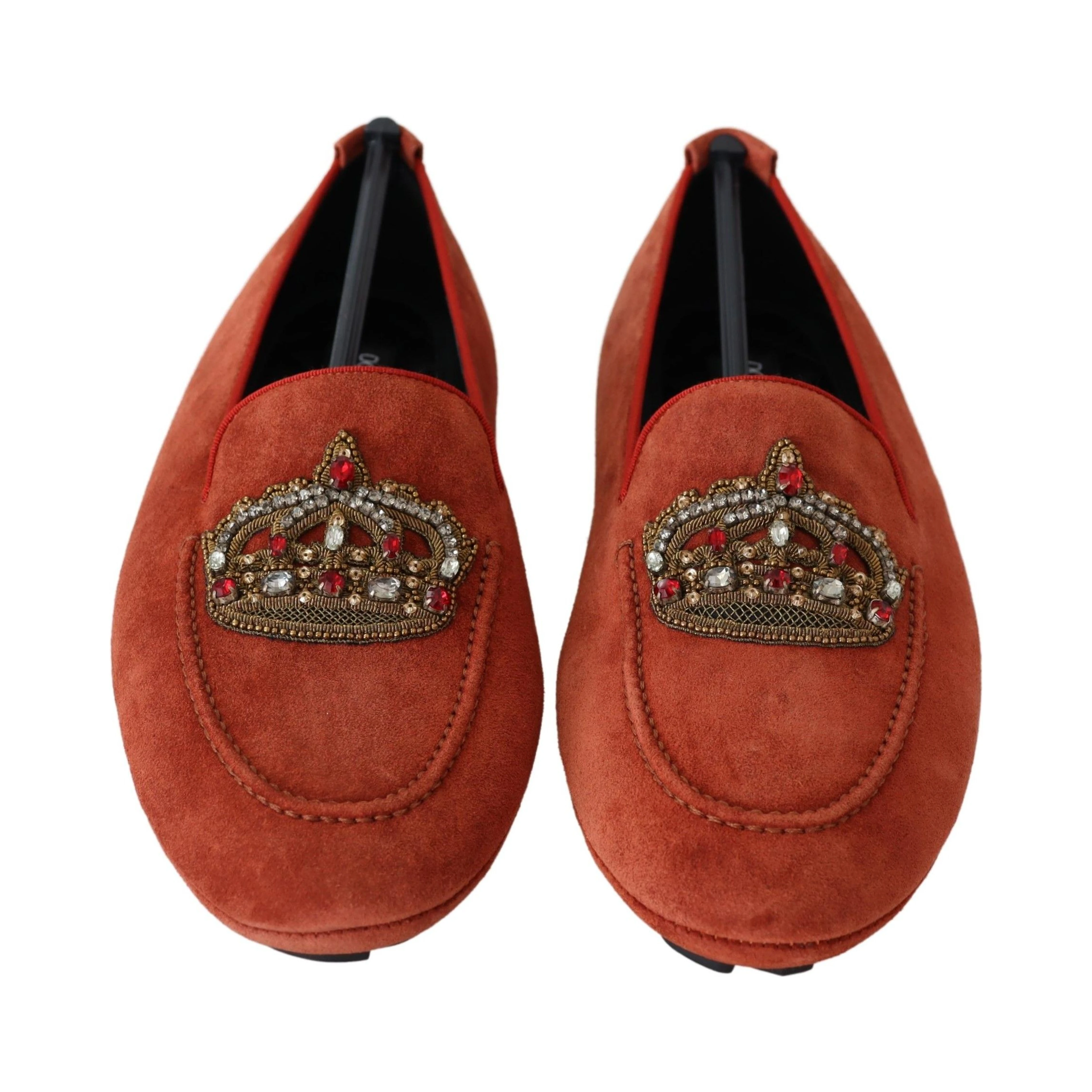 Orange Leather Crystal Crown Loafers Shoes