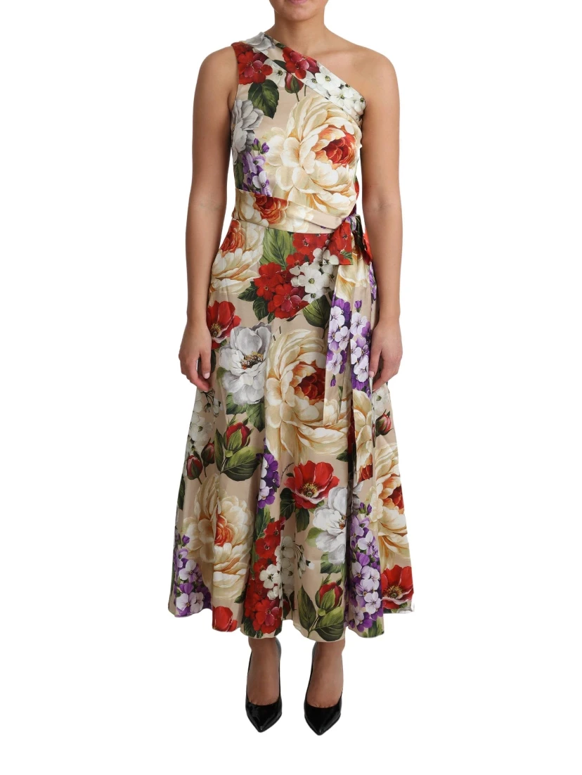 Print Silk Stretch One Shoulder Dress Floral