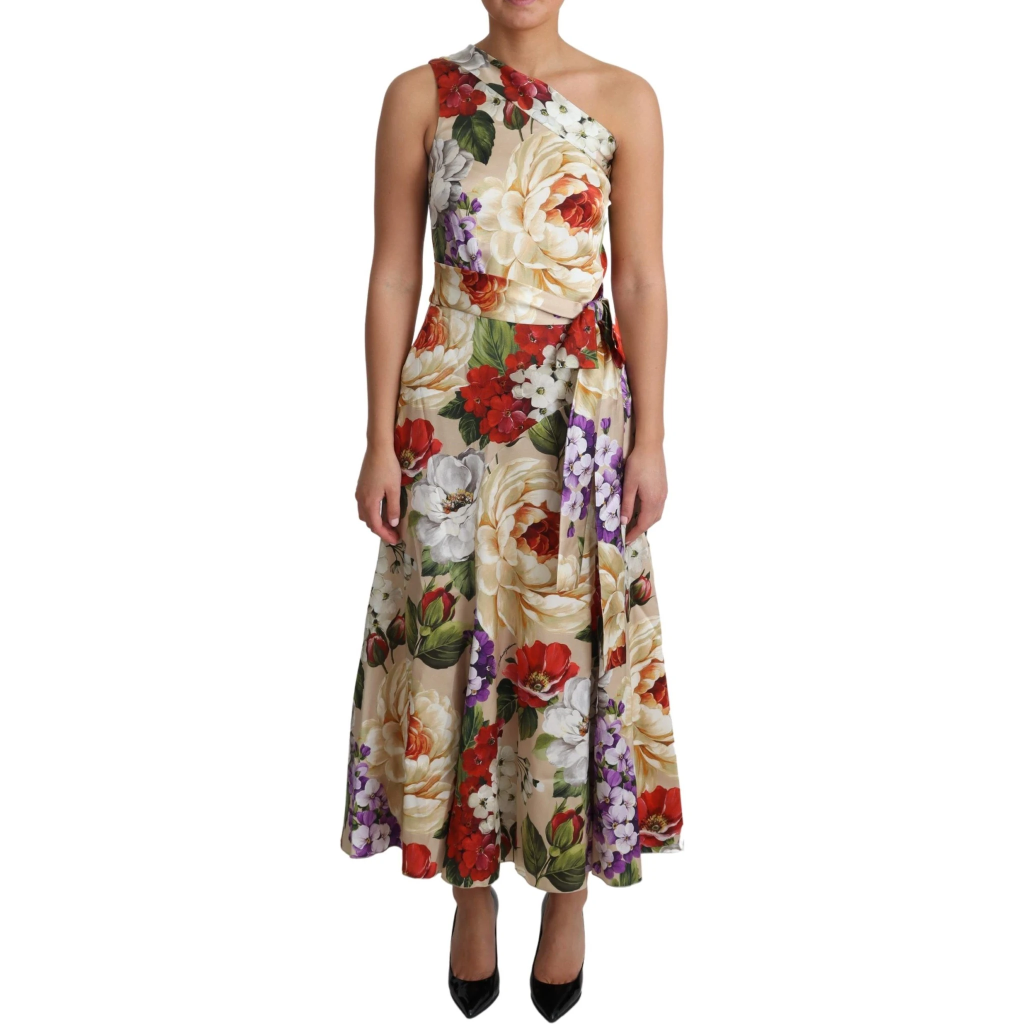 Print Silk Stretch One Shoulder Dress Floral