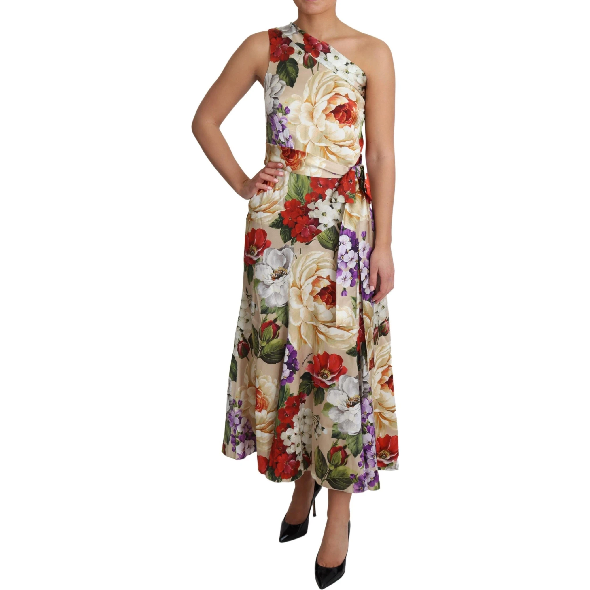 Print Silk Stretch One Shoulder Dress Floral