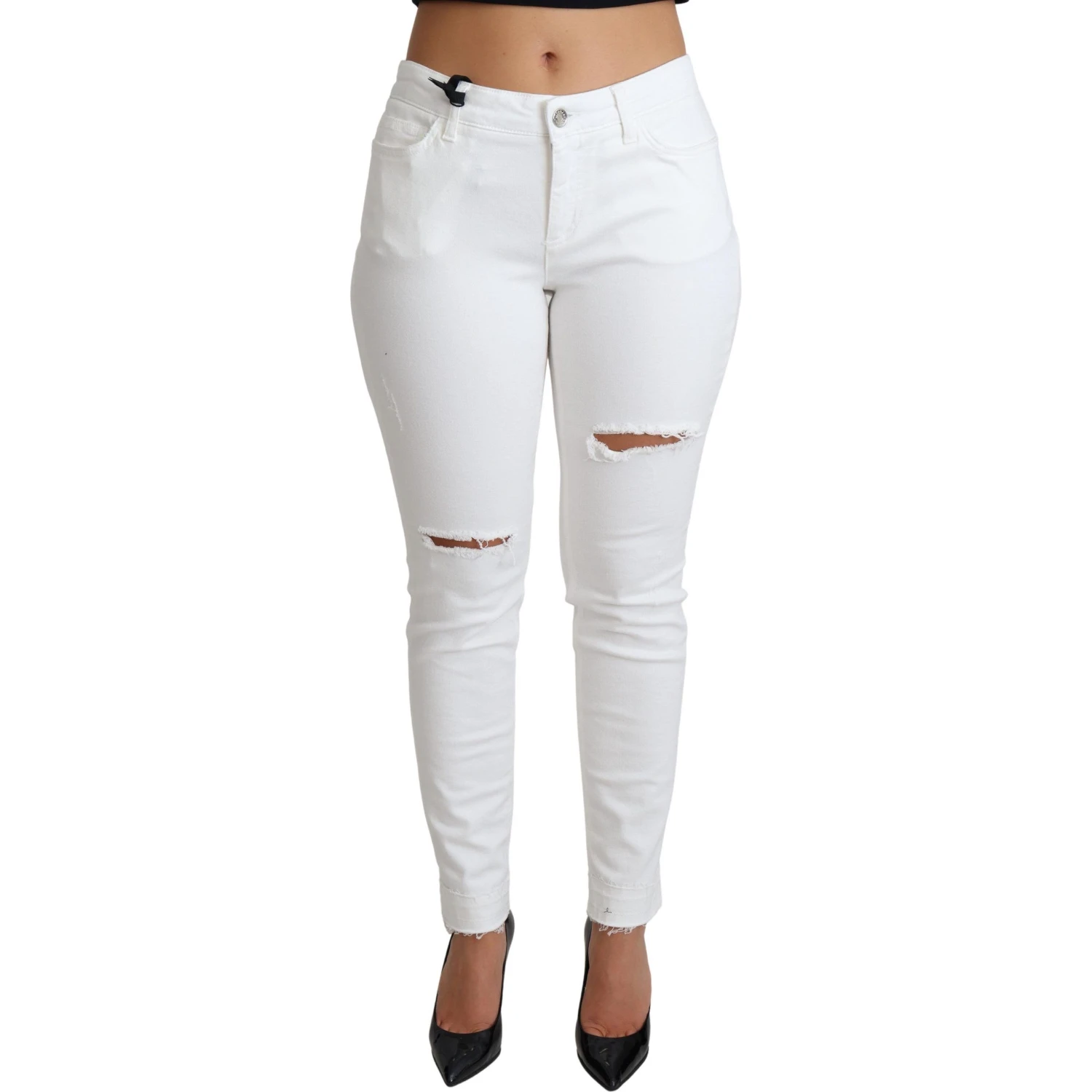 White Tattered Skinny Denim Cotton Stretch Jeans