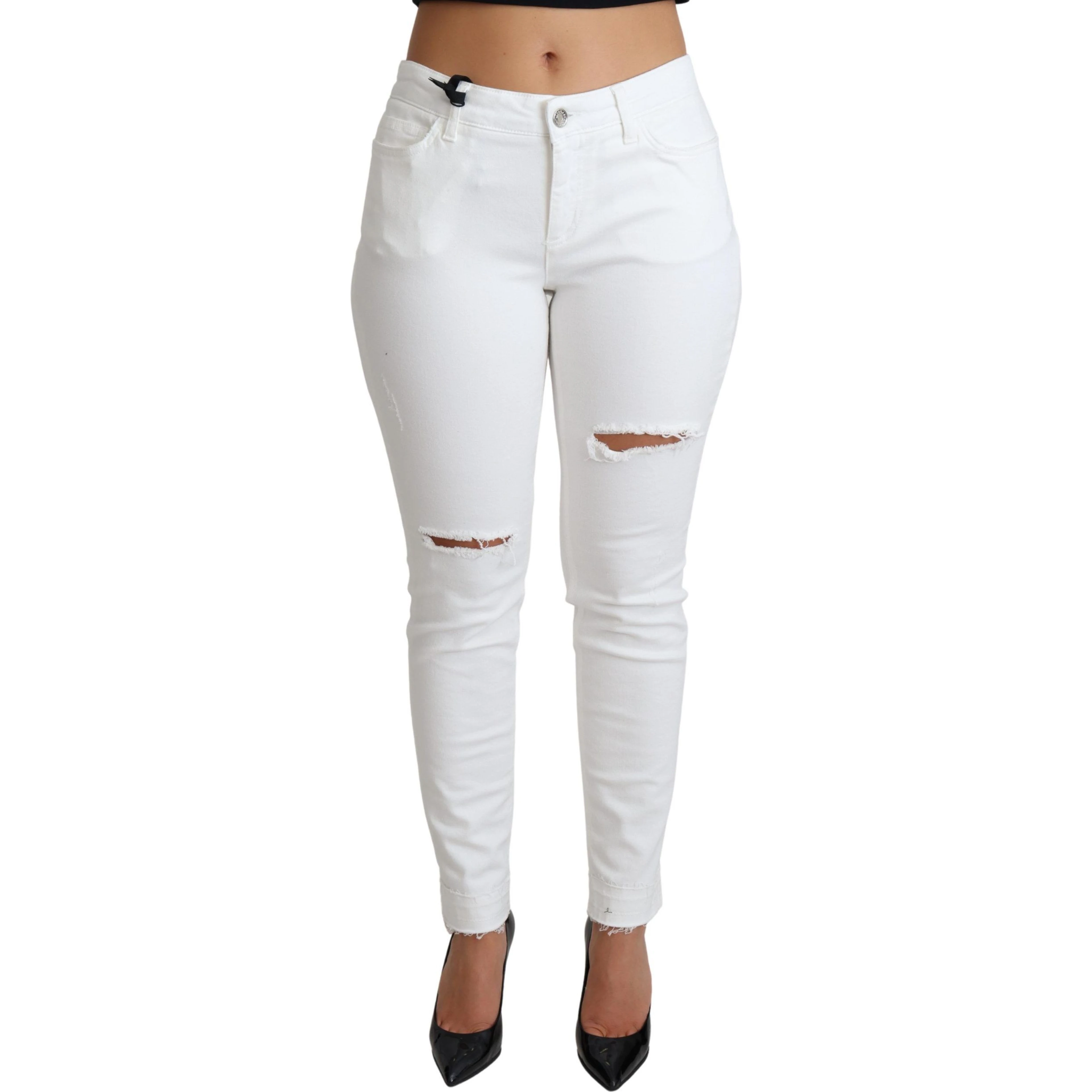 White Tattered Skinny Denim Cotton Stretch Jeans
