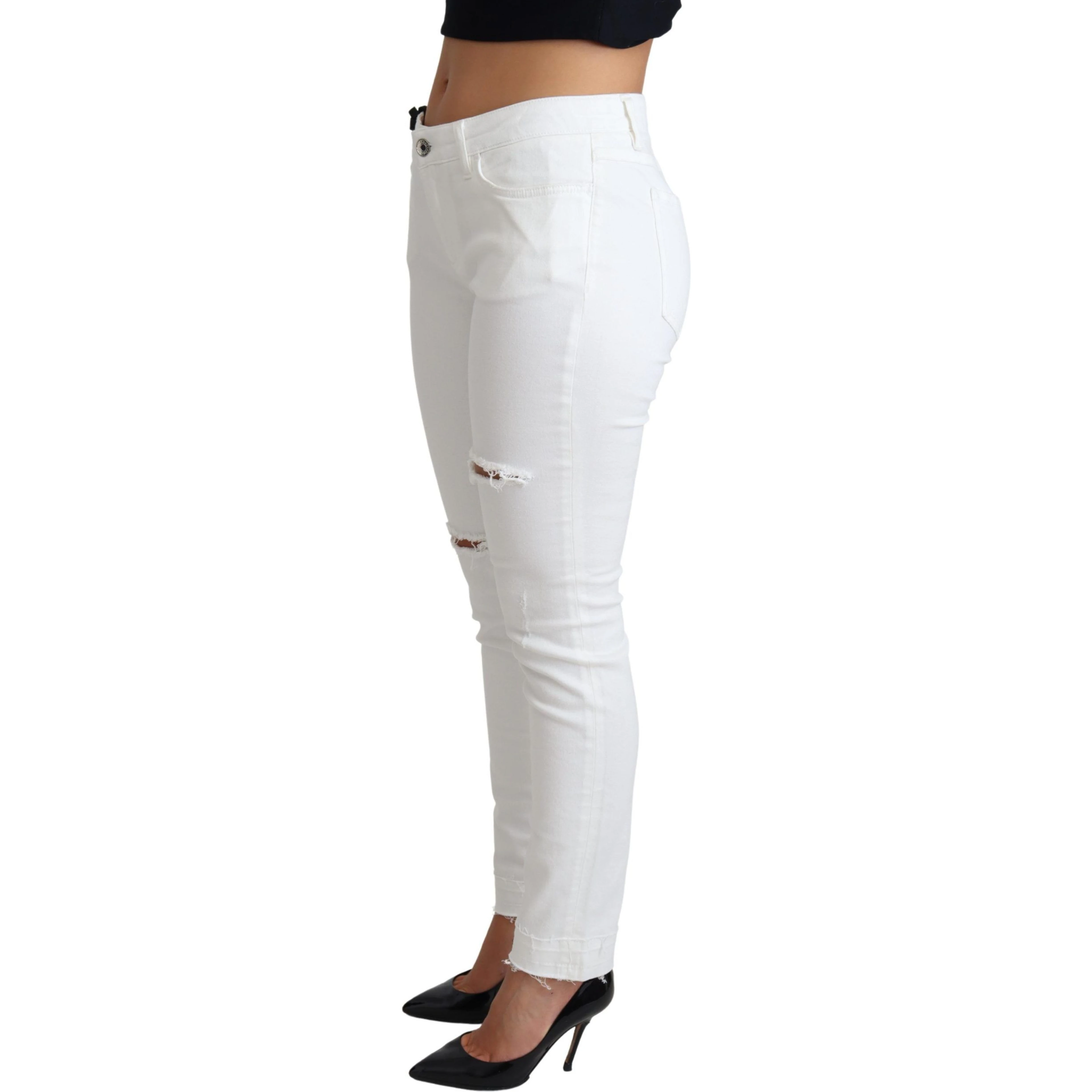 White Tattered Skinny Denim Cotton Stretch Jeans