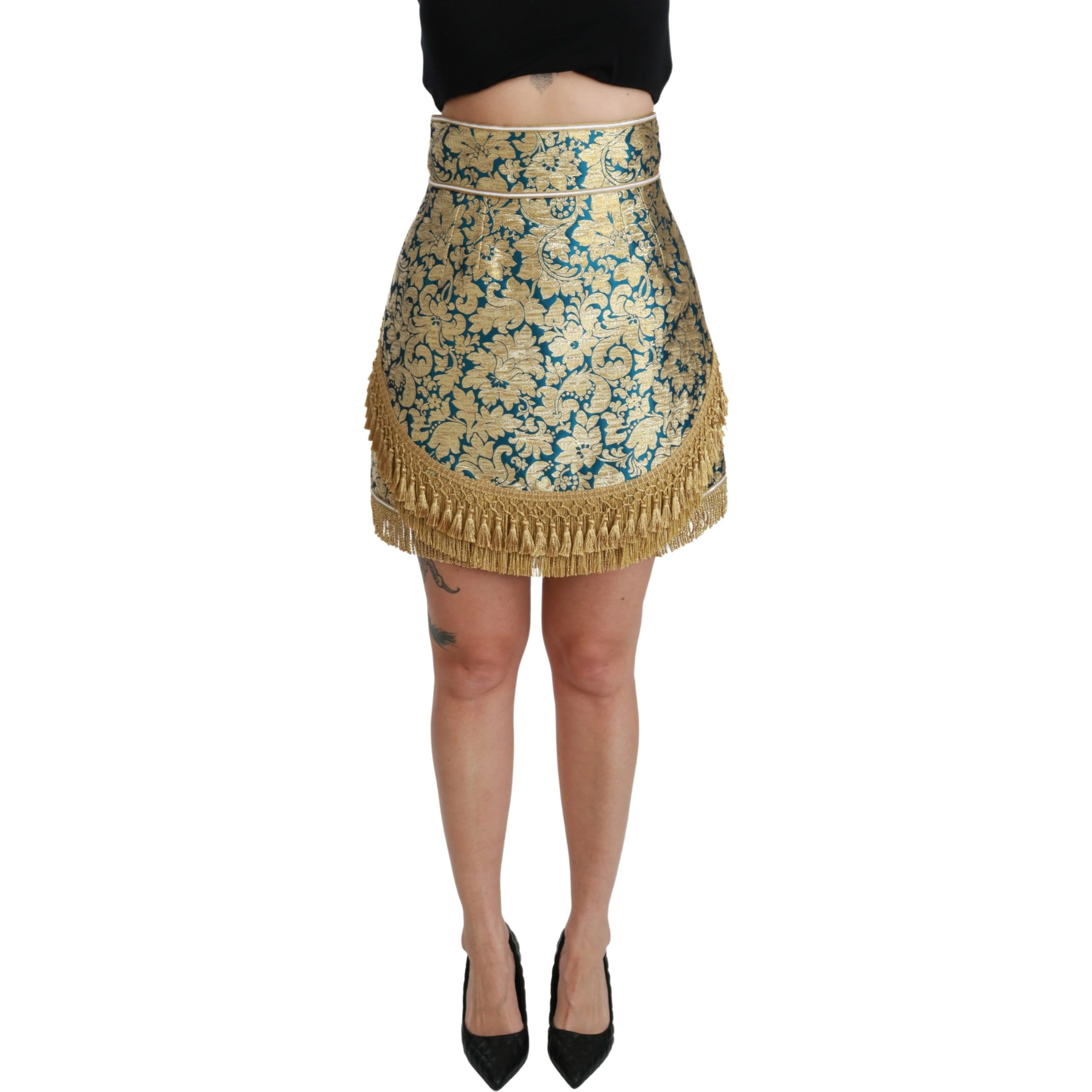 Blue High Waist Jacquard Tassel Gold Skirt