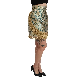 Blue High Waist Jacquard Tassel Gold Skirt