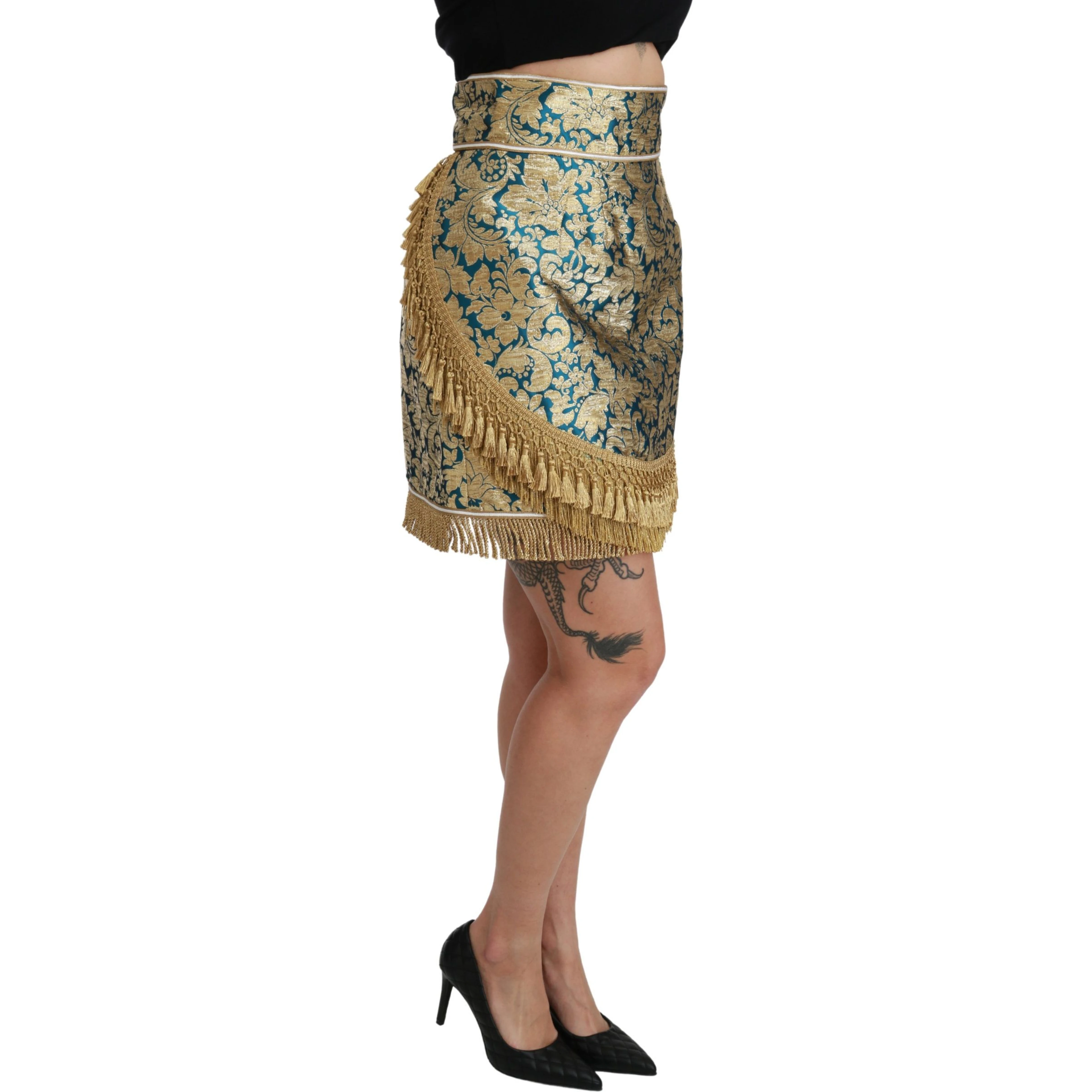 Blue High Waist Jacquard Tassel Gold Skirt