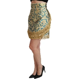 Blue High Waist Jacquard Tassel Gold Skirt