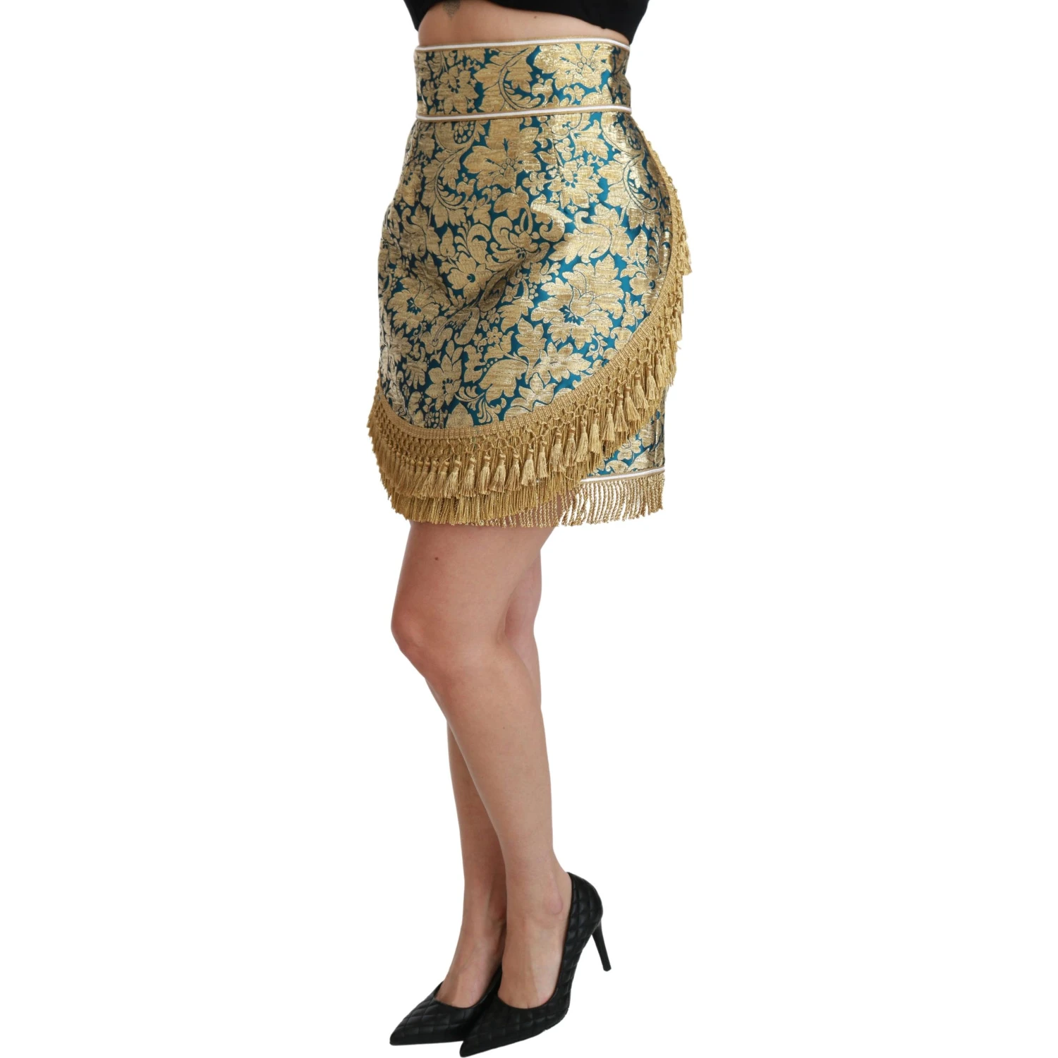 Blue High Waist Jacquard Tassel Gold Skirt