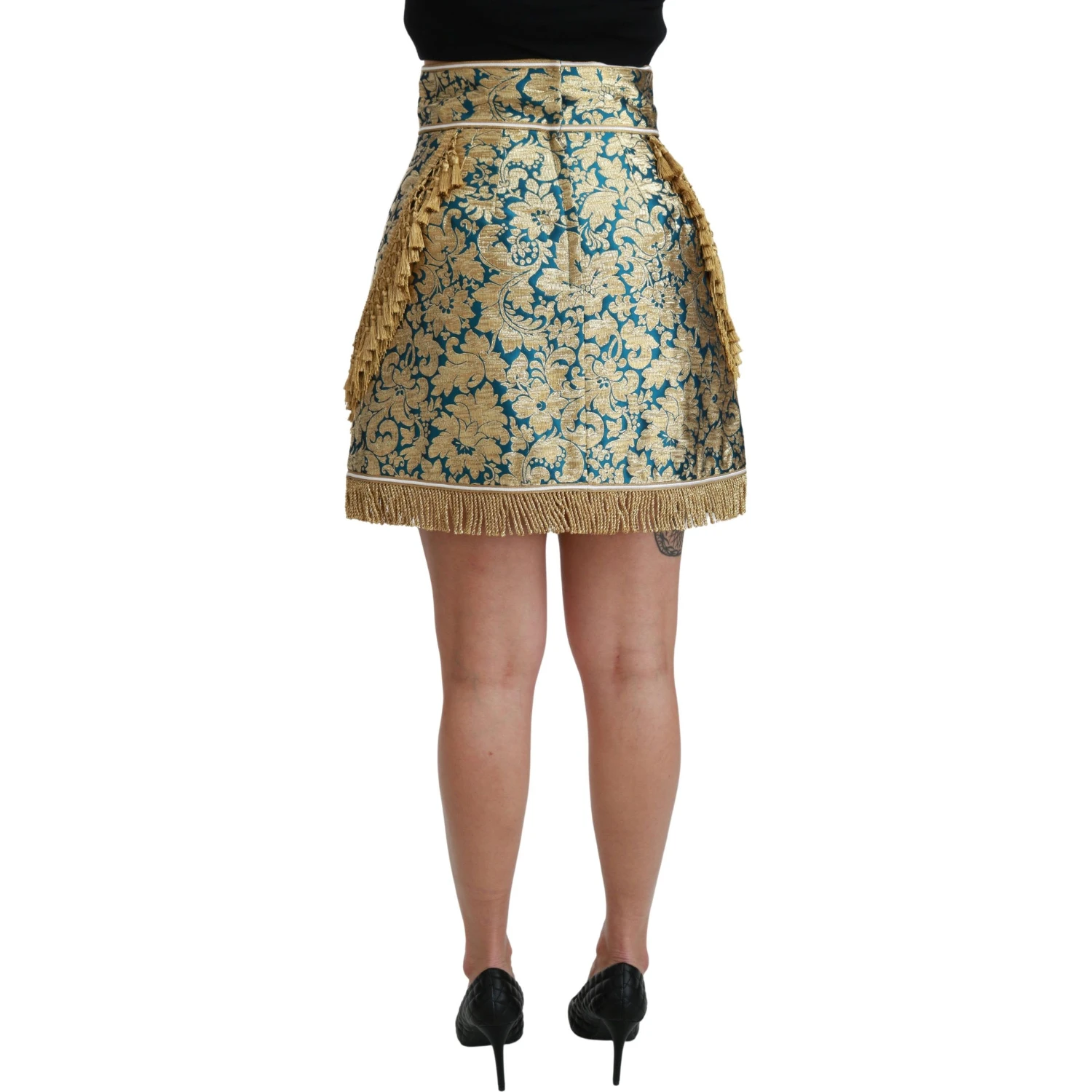 Blue High Waist Jacquard Tassel Gold Skirt