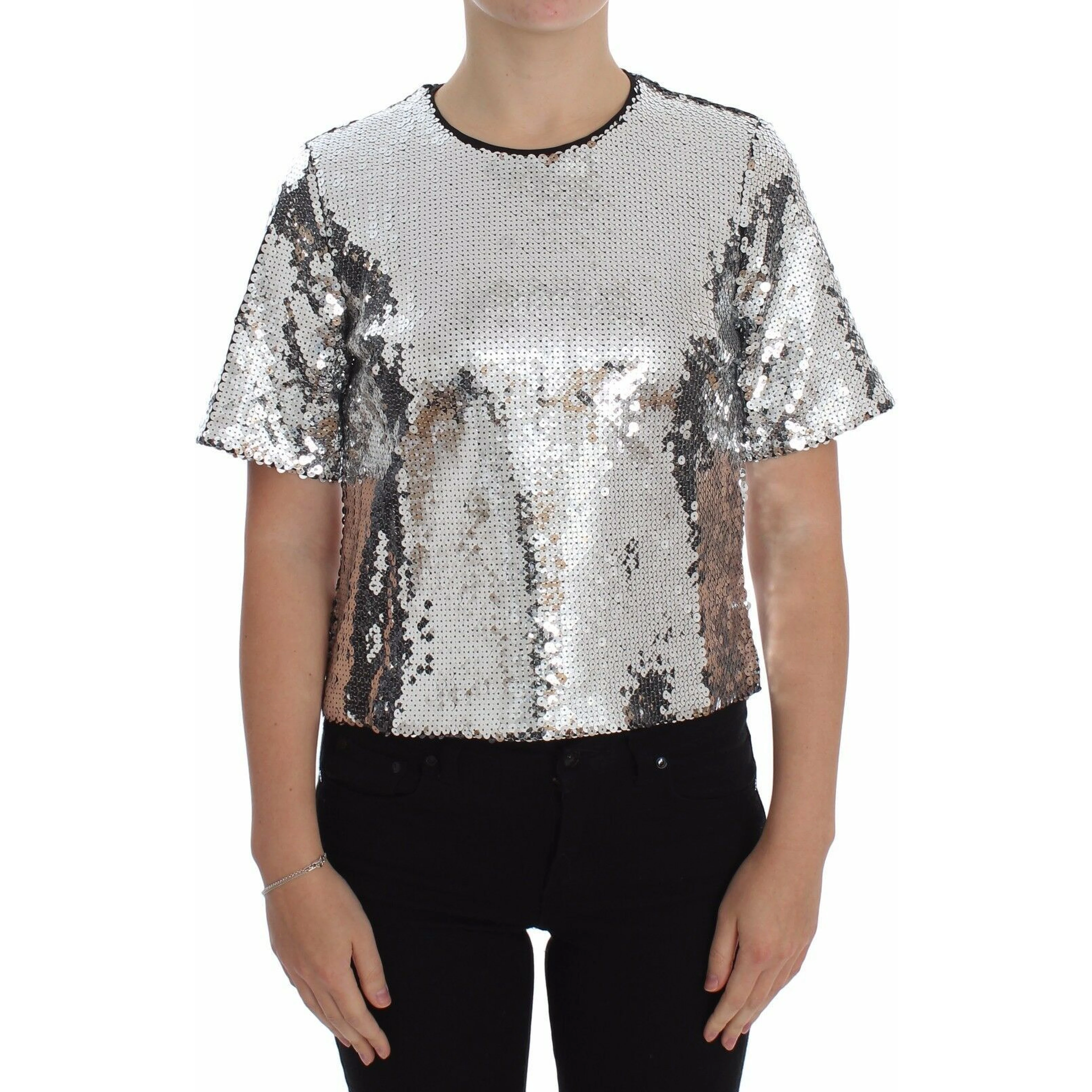 Silver Sequined Crewneck Blouse T-shirt Top