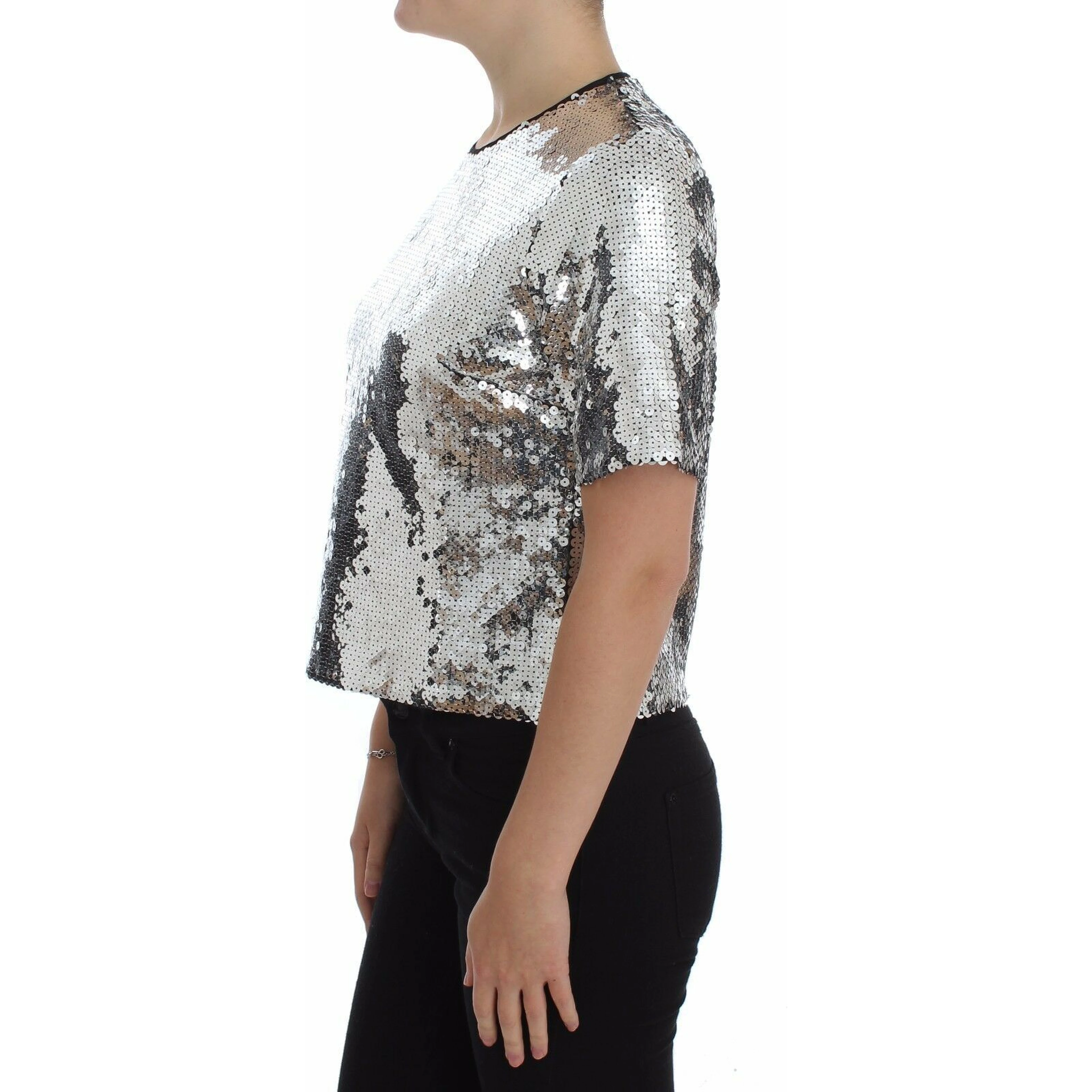 Silver Sequined Crewneck Blouse T-shirt Top