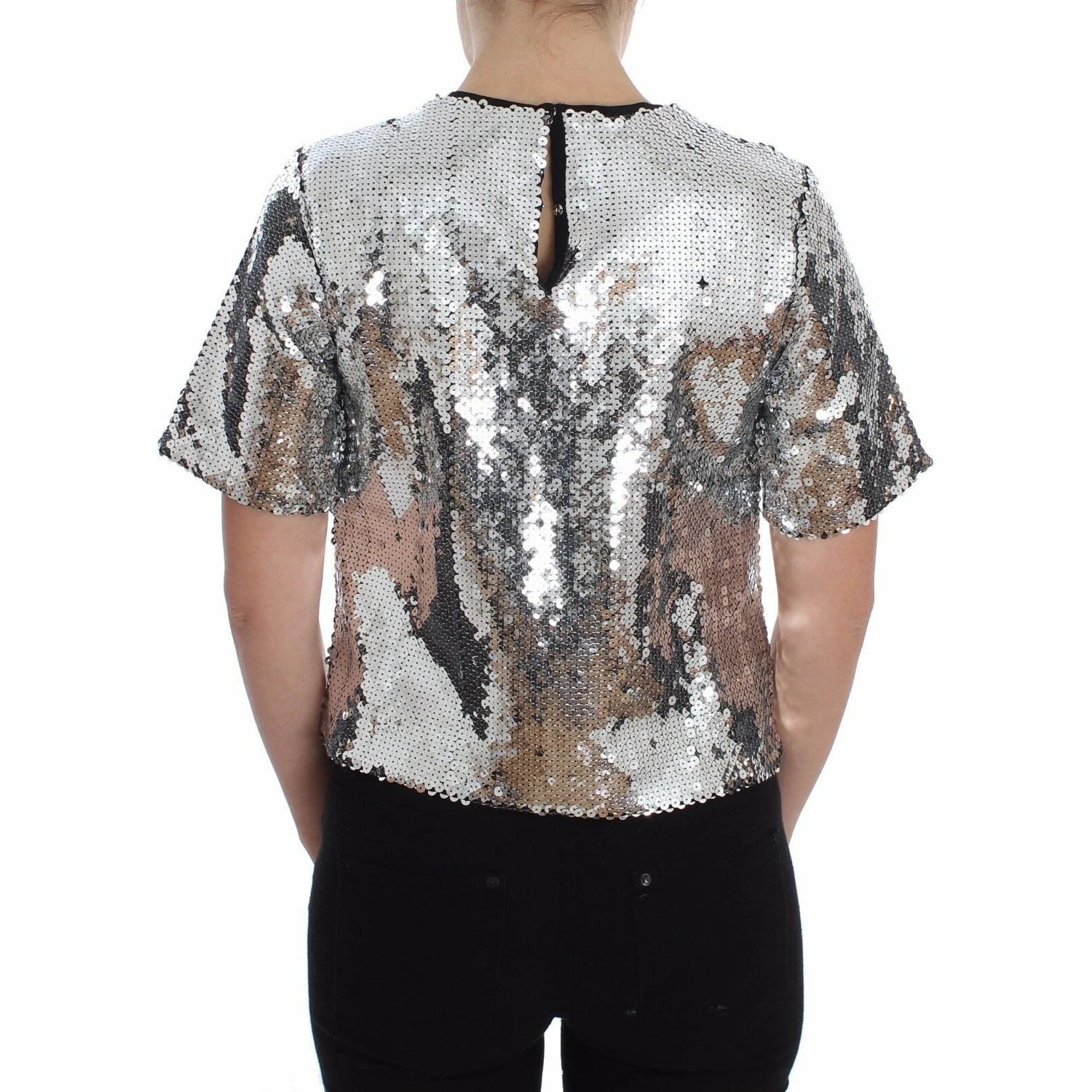 Silver Sequined Crewneck Blouse T-shirt Top