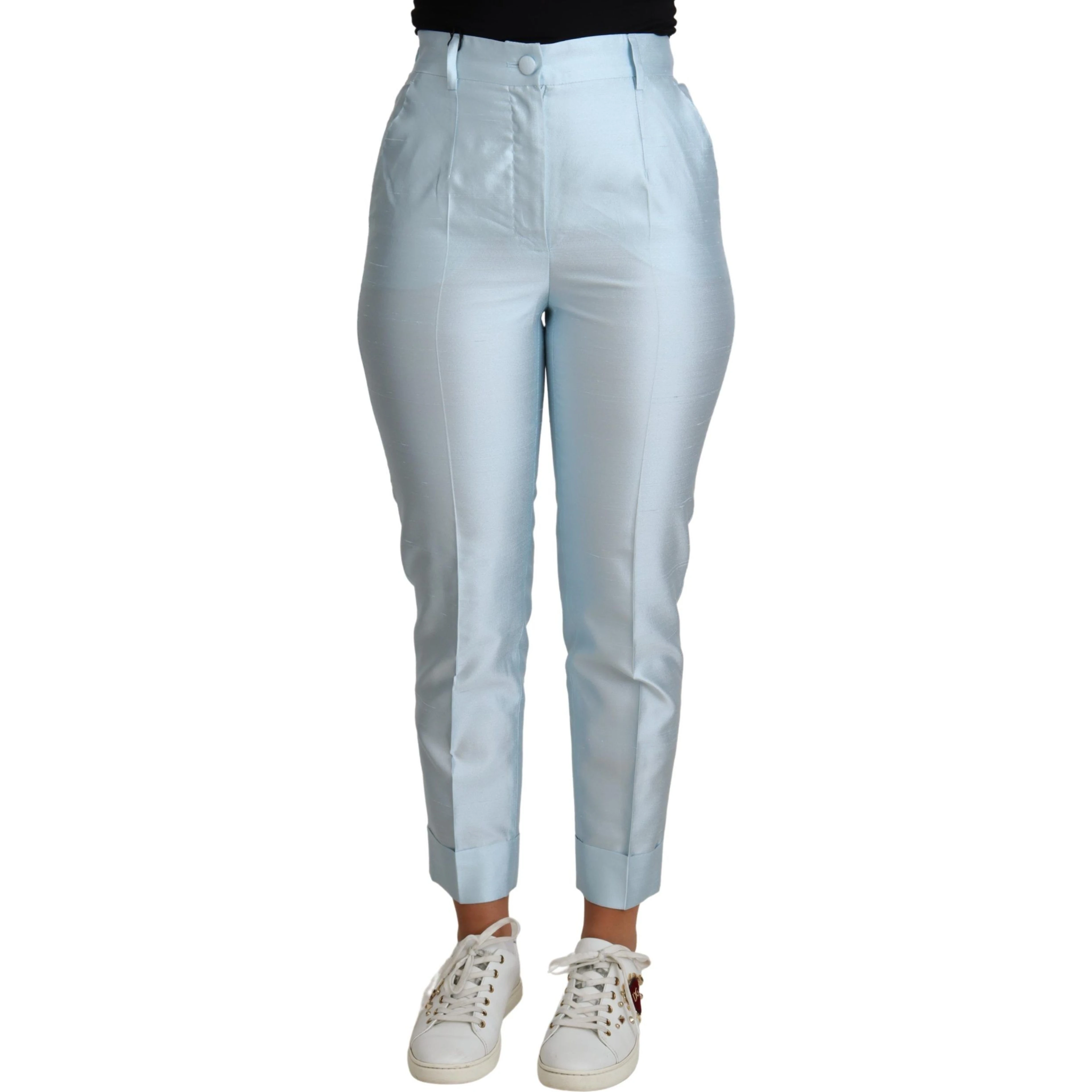 Light Blue Silk Cropped Tapered Trouser Pants