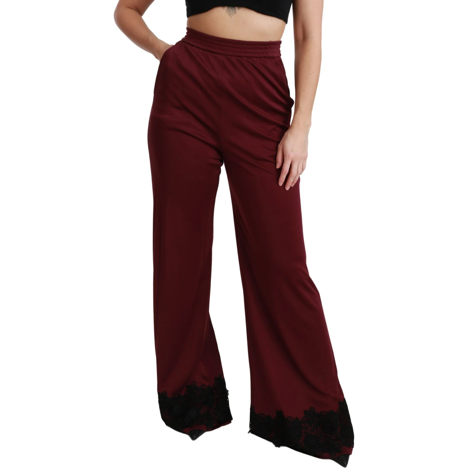 Black Lace High Waist Wide Leg Maroon  Pants