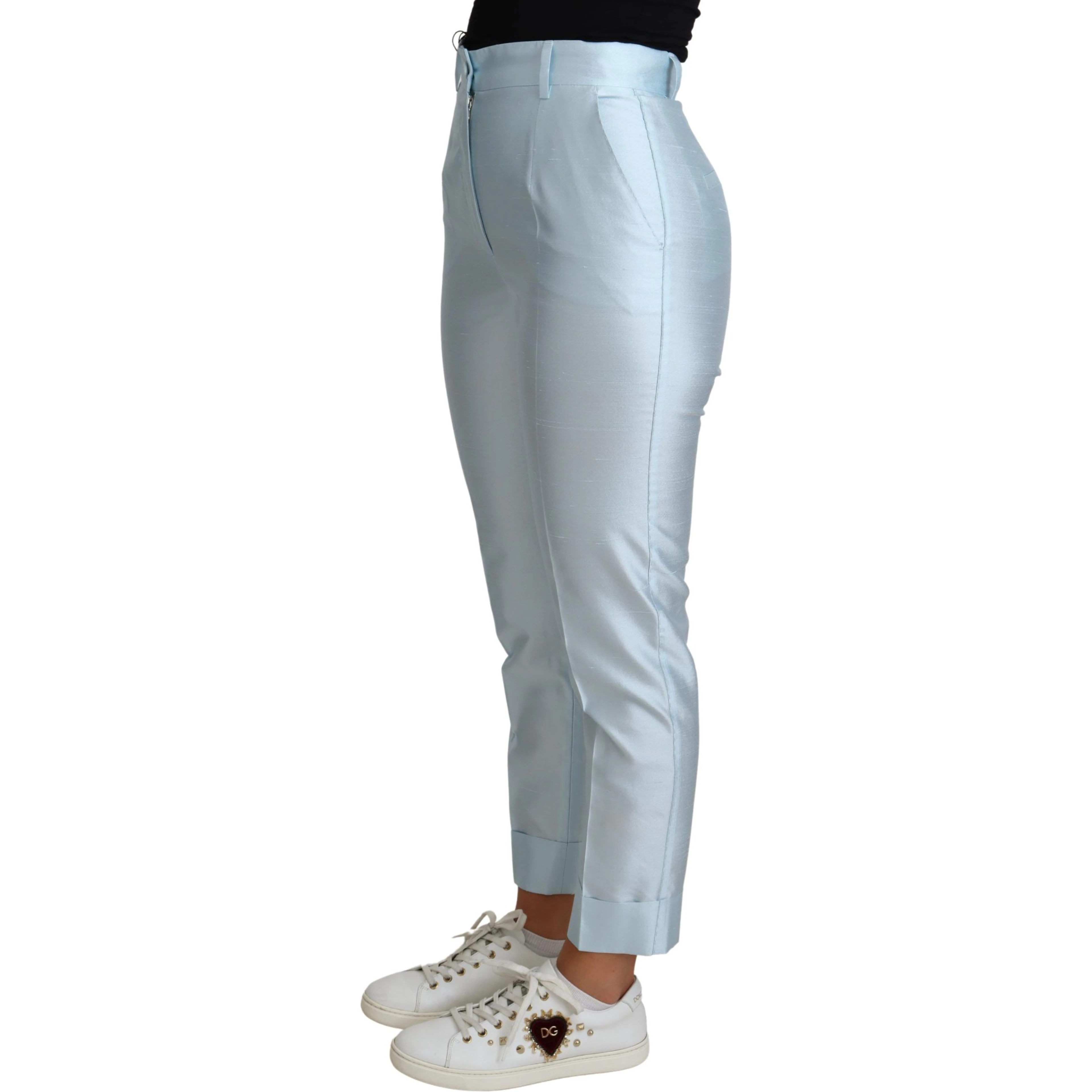 Light Blue Silk Cropped Tapered Trouser Pants