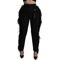 Black Feather Straight High Waist Wool Pants