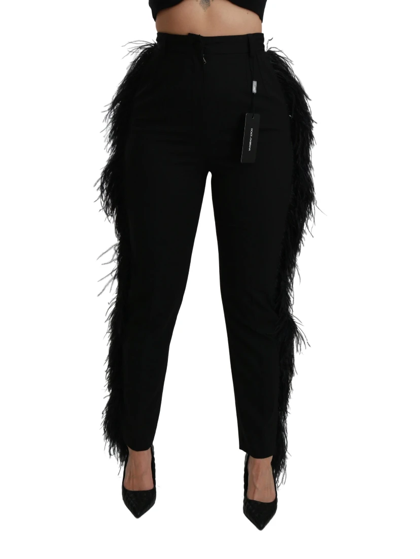 Black Feather Straight High Waist Wool Pants