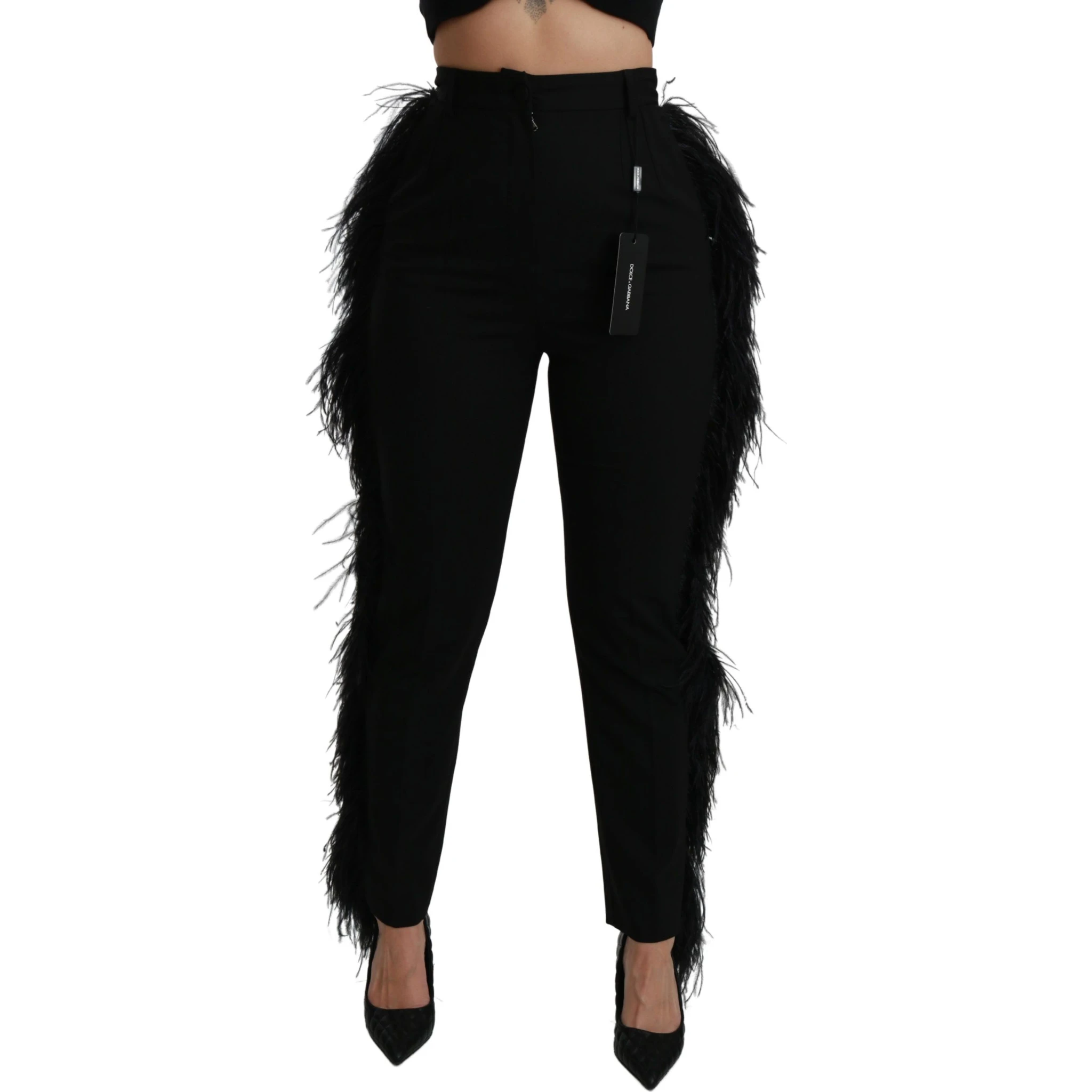 Black Feather Straight High Waist Wool Pants
