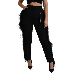 Black Feather Straight High Waist Wool Pants