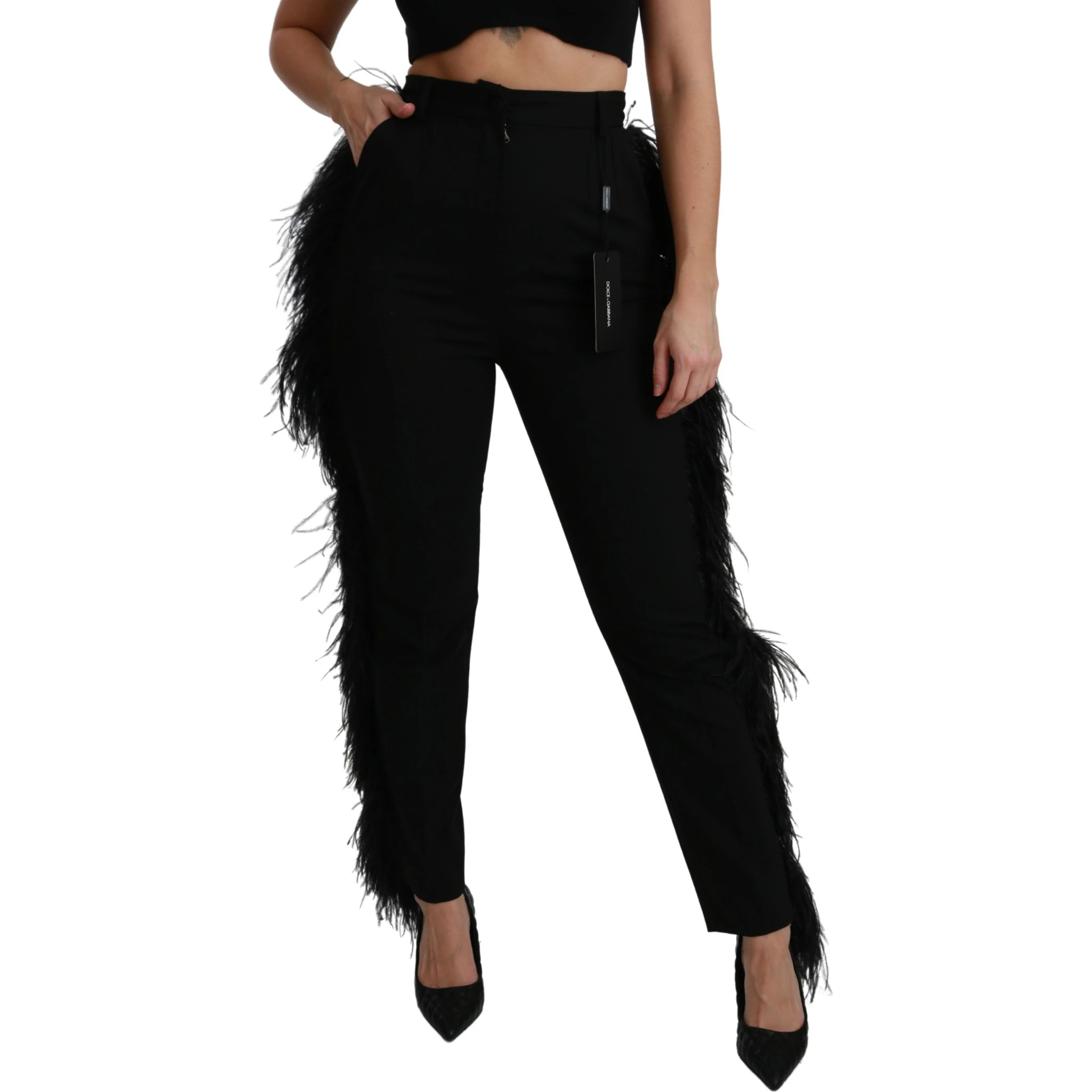Black Feather Straight High Waist Wool Pants